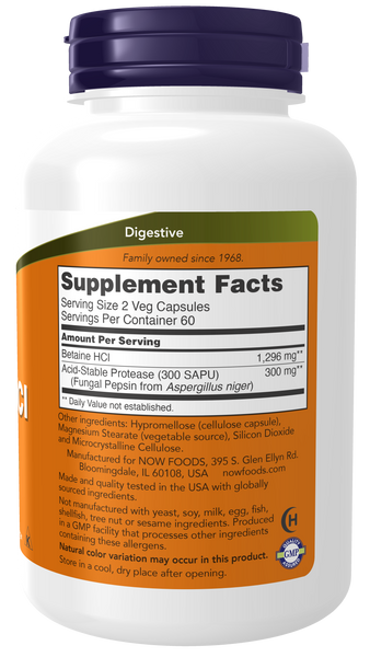 NOW Foods Betaine HCl 648mg 120 Veg Capsules (with Pepsin) - label view 1