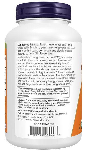 NOW Foods Organic Inulin Prebiotic Pure Powder 8 oz (FOS from Blue Agave) - label view 2