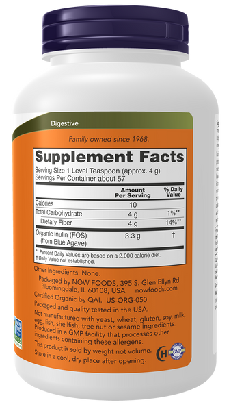 NOW Foods Organic Inulin Prebiotic Pure Powder 8 oz (FOS from Blue Agave) - label view 1