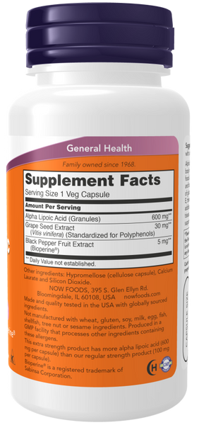 Now Foods Alpha Lipoic Acid, Extra Strength 600 mg 120 Veg Capsules