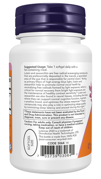 NOW Foods Lutein & Zeaxanthin 60 Softgels (Lutemax 2020) - label view 2