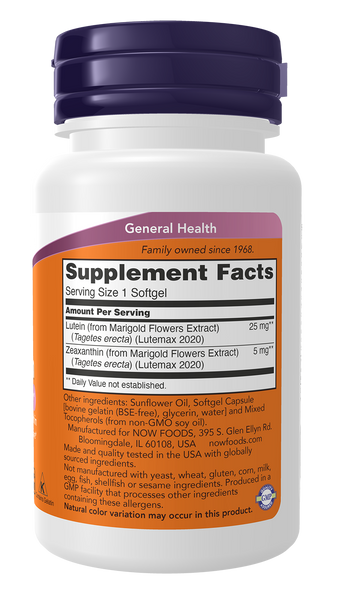 NOW Foods Lutein & Zeaxanthin 60 Softgels (Lutemax 2020) - label view 1