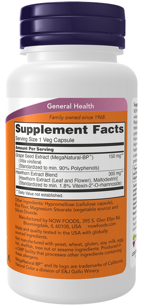 NOW Foods Grape Seed Extract & Hawthorn 90 Veg Capsules (MegaNatural-BP) - label view 1