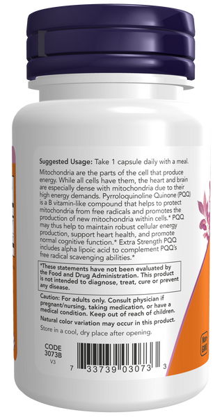 NOW Foods PQQ 40mg 50 Veg Capsules Extra Strength (with Alpha Lipoic Acid) - label view 2