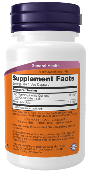 NOW Foods PQQ 40mg 50 Veg Capsules Extra Strength (with Alpha Lipoic Acid) - label view 1