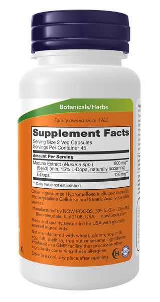 NOW Foods DOPA Mucuna 90 Veg Capsules (Mucuna Extract, L-Dopa) - label view 1