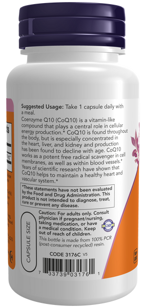 NOW Foods CoQ10 200mg 60 Veg Capsules (Coenzyme Q10, Ubiquinone) - label view 2