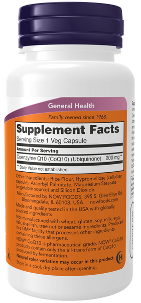 NOW Foods CoQ10 200mg 60 Veg Capsules (Coenzyme Q10, Ubiquinone) - label view 1