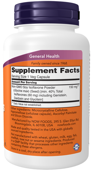 NOW Foods Soy Isoflavones 150mg 120 Veg Capsules (Genistein, Daidzein, Glycitein) - label view 1