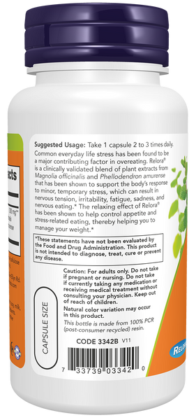 NOW Foods Relora 300mg 60 Veg Capsules (Magnolia + Phellodendron Bark) - label view 2