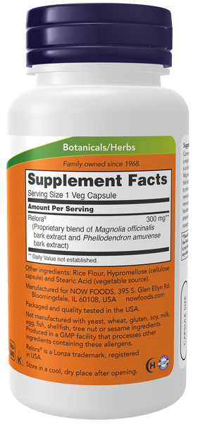 NOW Foods Relora 300mg 60 Veg Capsules (Magnolia + Phellodendron Bark) - label view 1