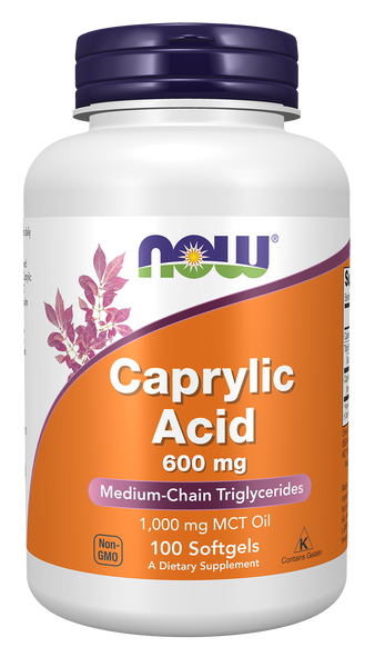 NOW Foods Caprylic Acid 600mg 100 Softgels (C8 from MCT Oil) - front