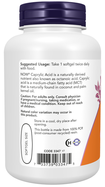 NOW Foods Caprylic Acid 600mg 100 Softgels (C8 from MCT Oil) - label view 2