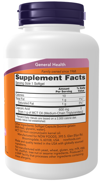 NOW Foods Caprylic Acid 600mg 100 Softgels (C8 from MCT Oil) - label view 1