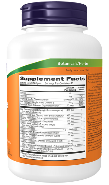 NOW Foods Saw Palmetto + Phytosterols Blend 90 Softgels (Men's Clinical Strength Formula) - label view 1