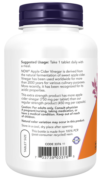NOW Foods Apple Cider Vinegar 750mg 180 Tablets Extra Strength - label view 2