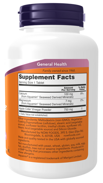 NOW Foods Apple Cider Vinegar 750mg 180 Tablets Extra Strength - label view 1