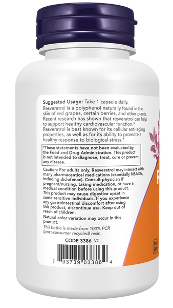 NOW Foods Resveratrol 350mg 60 Veg Capsules Extra Strength (Japanese Knotweed) - label view 2