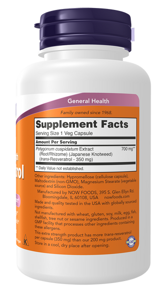 NOW Foods Resveratrol 350mg 60 Veg Capsules Extra Strength (Japanese Knotweed) - label view 1