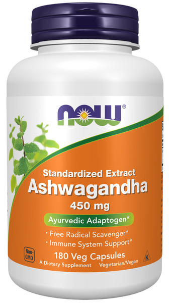 NOW Foods Ashwagandha 450mg 90/180 Veg Capsules (Withania somnifera, 2.4% Withanolides)