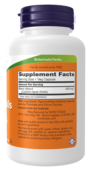 NOW Foods Black Walnut Hulls 500mg 100 Veg Capsules (Juglans nigra) - label view 1