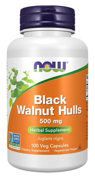NOW Foods Black Walnut Hulls 500mg 100 Veg Capsules (Juglans nigra) - front