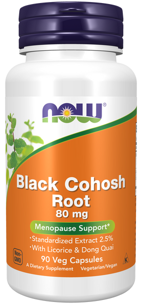 NOW Foods Black Cohosh 80mg 90 Veg Capsules (with Licorice & Dong Quai) - front