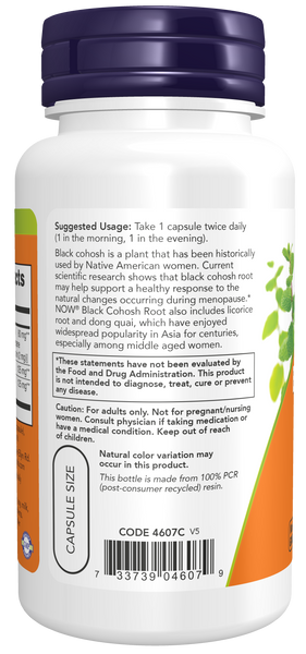NOW Foods Black Cohosh 80mg 90 Veg Capsules (with Licorice & Dong Quai) - label view 2
