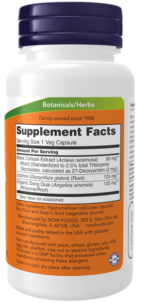 NOW Foods Black Cohosh 80mg 90 Veg Capsules (with Licorice & Dong Quai) - label view 1