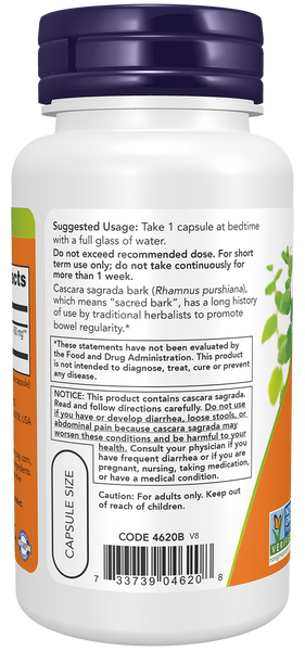 NOW Foods Cascara Sagrada 450mg 100 Veg Capsules (Rhamnus purshiana) - label view 2