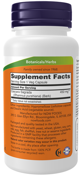 NOW Foods Cascara Sagrada 450mg 100 Veg Capsules (Rhamnus purshiana) - label view 1