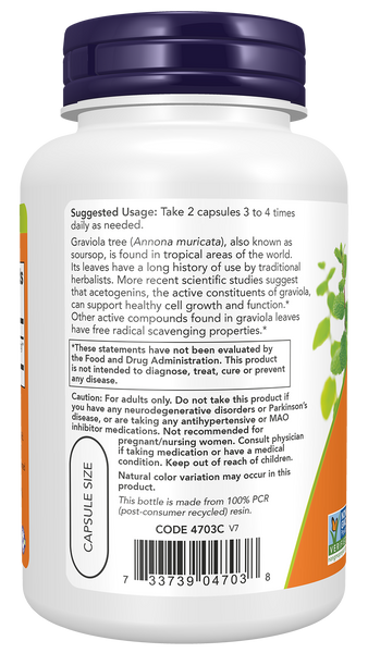 NOW Foods Graviola 500mg 100 Veg Capsules (Annona muricata, Soursop) - label view 2
