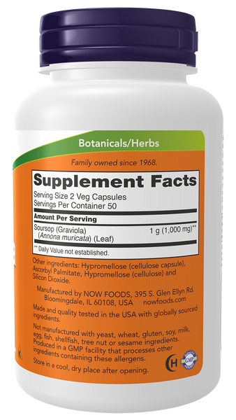 NOW Foods Graviola 500mg 100 Veg Capsules (Annona muricata, Soursop) - label view 1