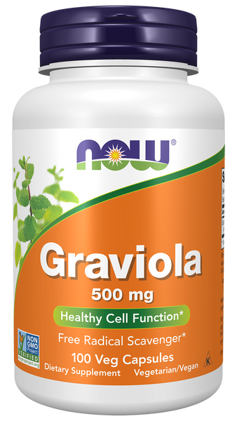 NOW Foods Graviola 500mg 100 Veg Capsules (Annona muricata, Soursop) - front