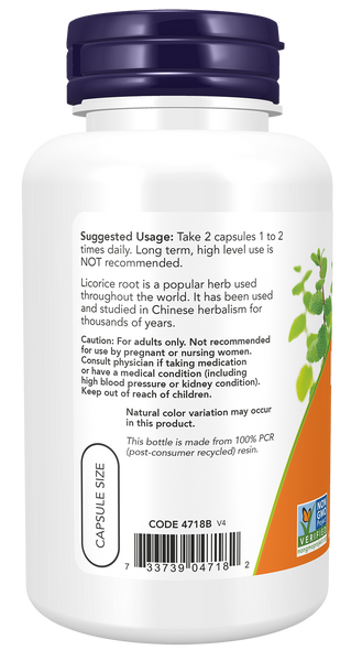 NOW Foods Licorice Root 450mg 100 Veg Capsules (Glycyrrhiza glabra) - label view 2
