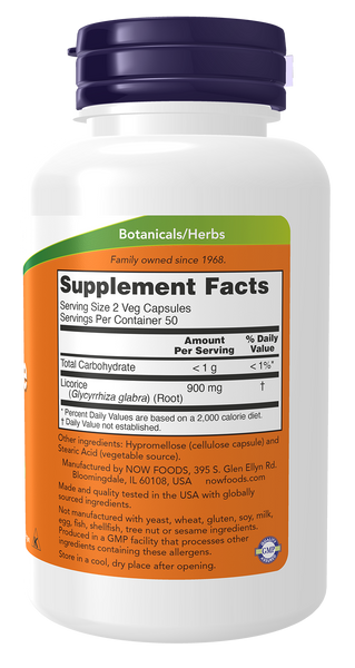NOW Foods Licorice Root 450mg 100 Veg Capsules (Glycyrrhiza glabra) - label view 1