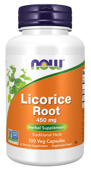 NOW Foods Licorice Root 450mg 100 Veg Capsules (Glycyrrhiza glabra) - front