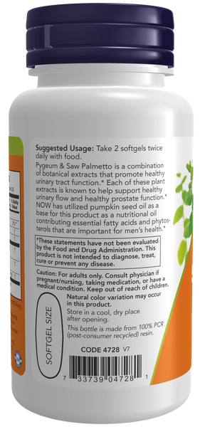 NOW Foods Pygeum & Saw Palmetto 60 Softgels (with Pumpkin Seed Oil) - label view 2