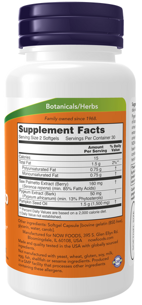 NOW Foods Pygeum & Saw Palmetto 60 Softgels (with Pumpkin Seed Oil) - label view 1