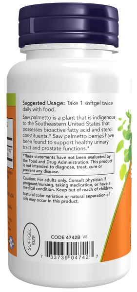 NOW Foods Saw Palmetto 160mg 120 Softgels (Serenoa repens, 85% Fatty Acids) - label view 2
