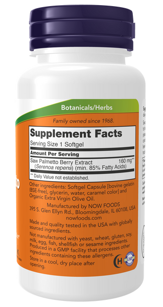 NOW Foods Saw Palmetto 160mg 120 Softgels (Serenoa repens, 85% Fatty Acids) - label view 1