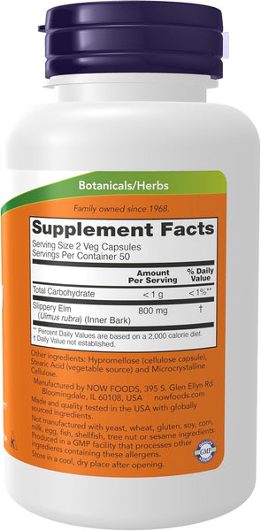 Now Foods Slippery Elm 400 mg 100 Veg Capsules