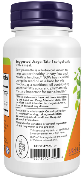 NOW Foods Saw Palmetto 320mg 90 Veggie Softgels (USPlus, Extra Strength, Vegan) - label view 2