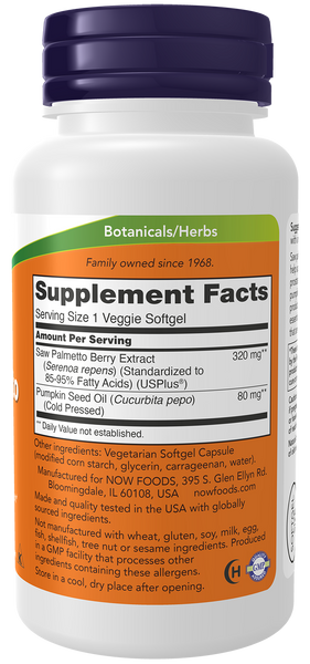 NOW Foods Saw Palmetto 320mg 90 Veggie Softgels (USPlus, Extra Strength, Vegan) - label view 1