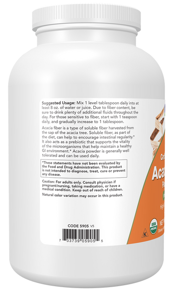 NOW Foods Organic Acacia Fiber Powder 12 oz (Prebiotic, Acacia Gum) - label view 2