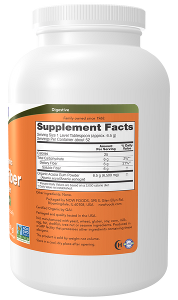 NOW Foods Organic Acacia Fiber Powder 12 oz (Prebiotic, Acacia Gum) - label view 1