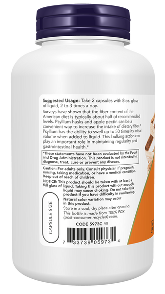 NOW Foods Psyllium Husk 700mg + Apple Pectin 180 Veg Capsules - label view 2