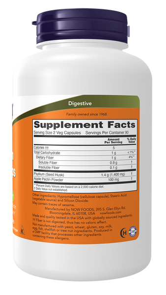 NOW Foods Psyllium Husk 700mg + Apple Pectin 180 Veg Capsules - label view 1