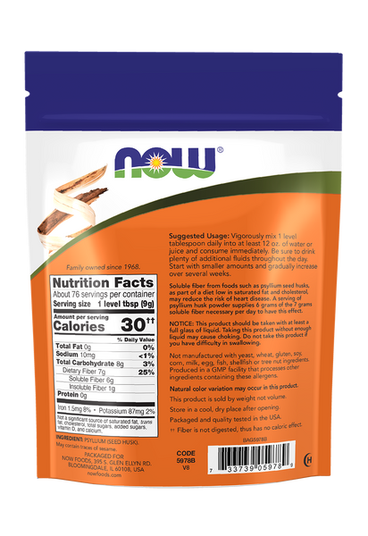 NOW Foods Psyllium Husk Powder 24 oz (Pure Soluble Fiber) - label view 1