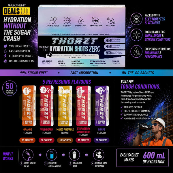 Thorzt Sugar Free Hydration Shot ZERO Natural – Mixed Flavours | 50 Sachets